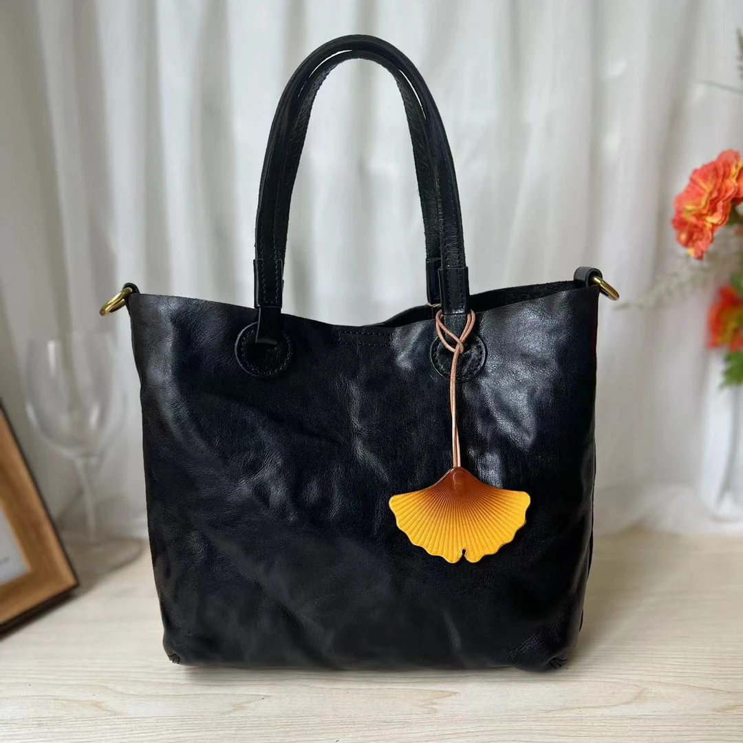 轻奢头层牛皮植鞣皮简约百搭复古单肩斜挎大包菜篮子水桶手提包