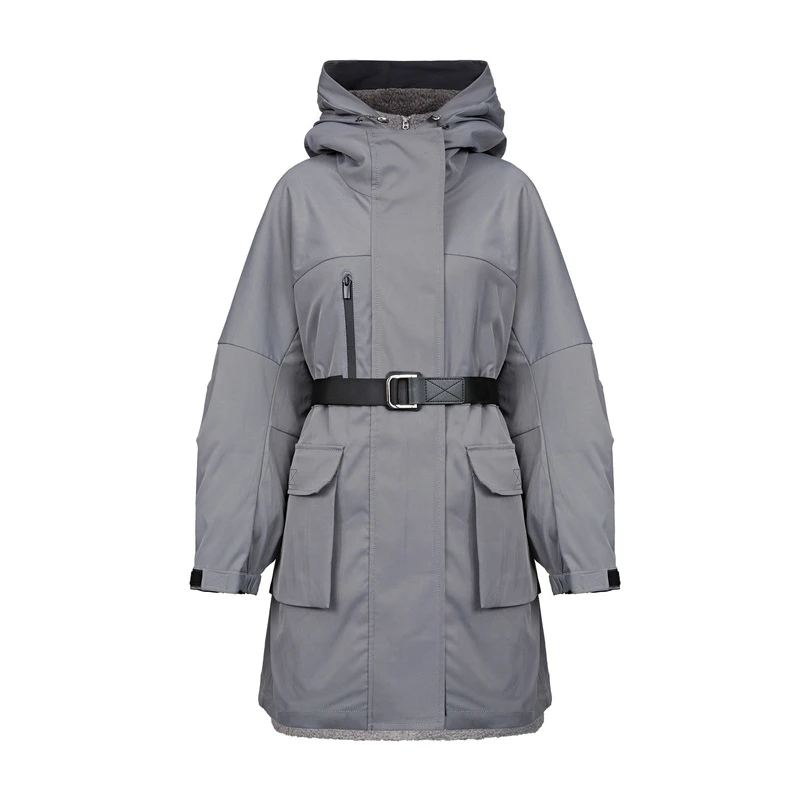 S·DEER圣迪奥女装时尚连帽收腰摇粒绒两件套长款风衣S22481805