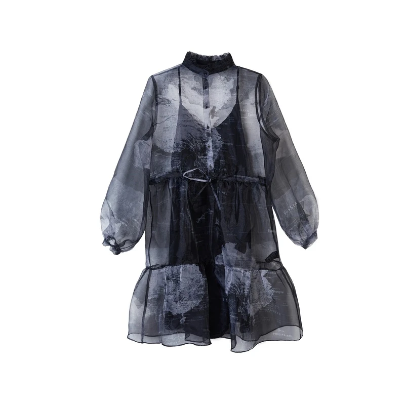 S·DEER圣迪奥女装夏季黑色时尚优雅女装显瘦网纱连衣裙S20281219