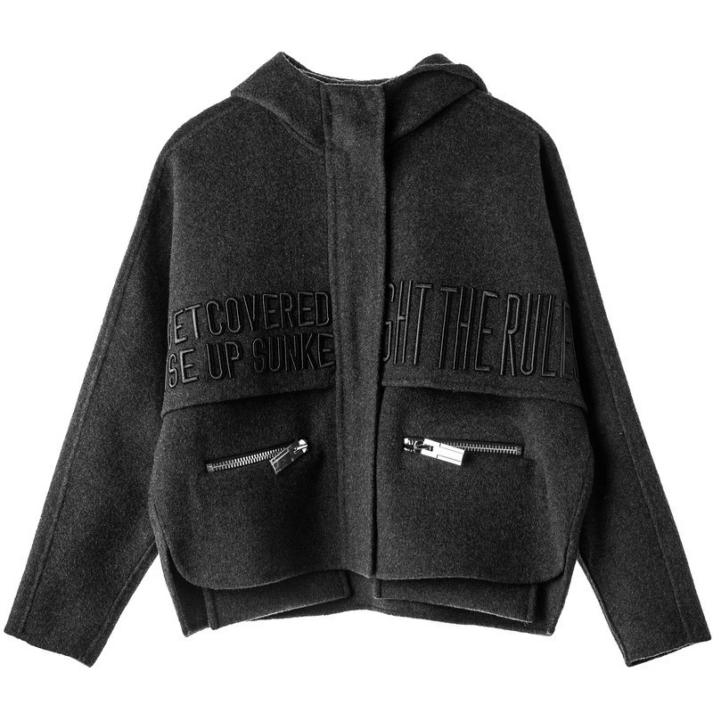 S·DEER圣迪奥刺绣金属拉链开衩下摆休闲连帽黑色外套S18482281