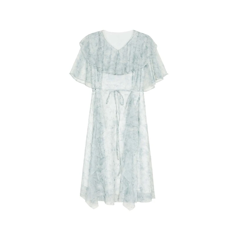 S·DEER圣迪奥气质洋气女装V领荷叶边印花网纱收腰连衣裙S232Z12H6