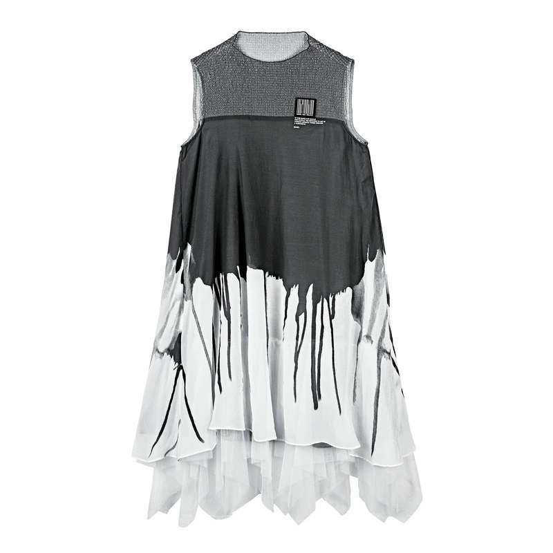 S·DEER圣迪奥圆领撞色字母水墨晕染网纱拼接无袖连衣裙S192812E3