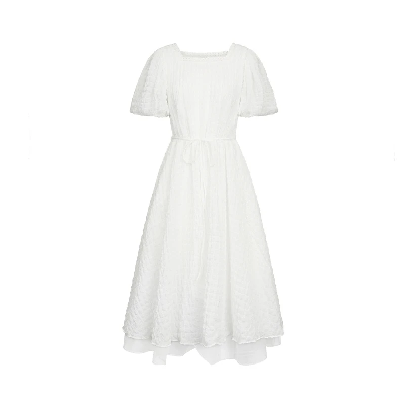 sdeer圣迪奥时尚气质方领收腰白色网纱泡泡袖简约连衣裙S23261222