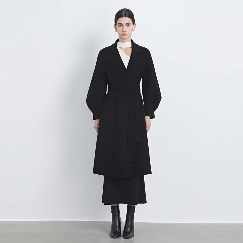 S·DEER圣迪奥女装气质小香风西装领收腰毛呢长款大衣S234Z1801