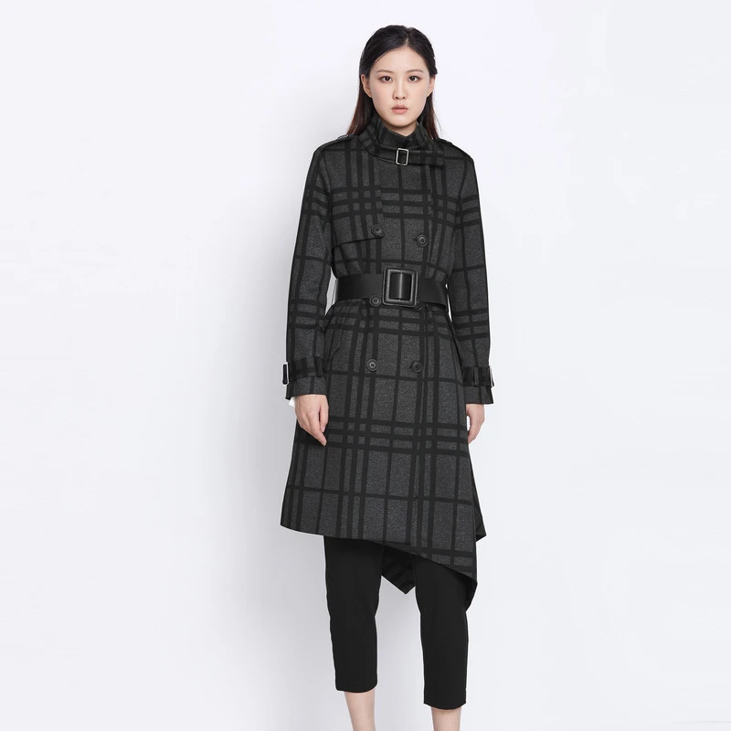 S·DEER圣迪奥女士立领双排扣格纹收腰不规则长款风衣S21381818
