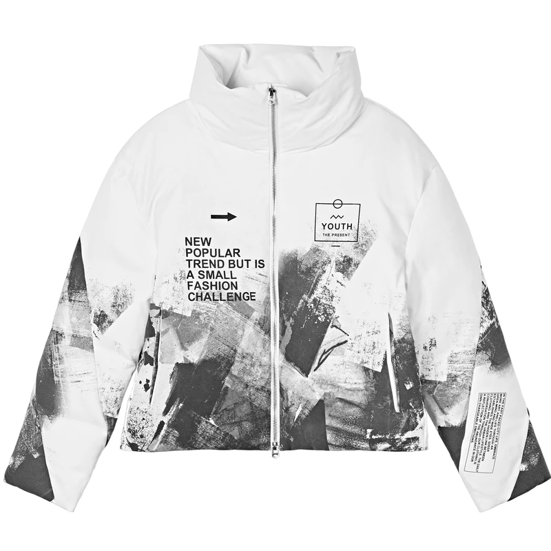 S·DEER圣迪奥女高领字母印花撞色涂鸦插袋短款羽绒服S19482413