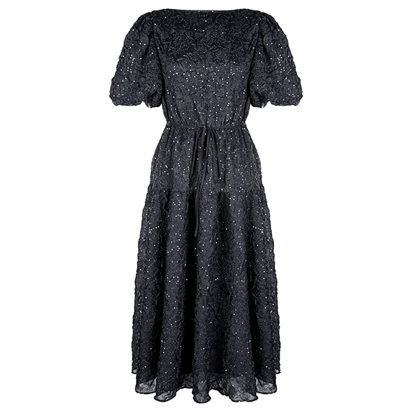 圣迪奥黑色时尚气质个性设计师款系带收腰优雅风连衣裙S223Z12C1