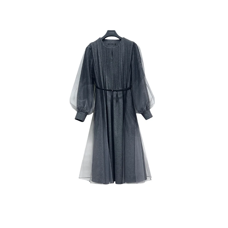 圣迪奥轻奢高端时尚腰带设计师网纱中长款连衣裙S233Z12AY