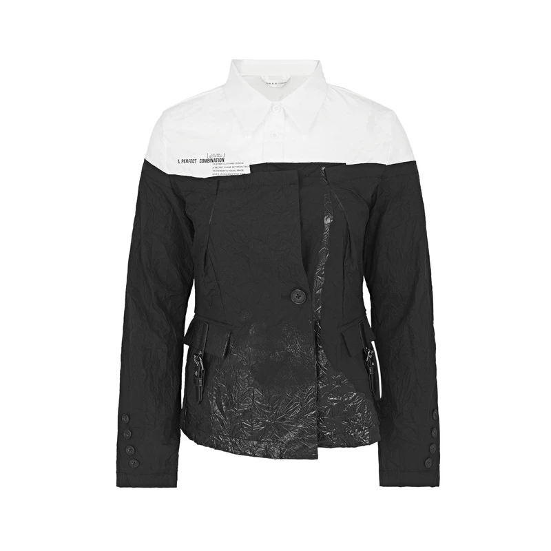 sdeer圣迪奥字母拼接褶皱不规则休闲上衣短款时尚衬衫S22180510