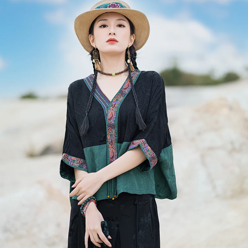 2024夏季新款民族风显瘦遮肉宽松刺绣缎面提花凉快蝙蝠衫上衣衬衫