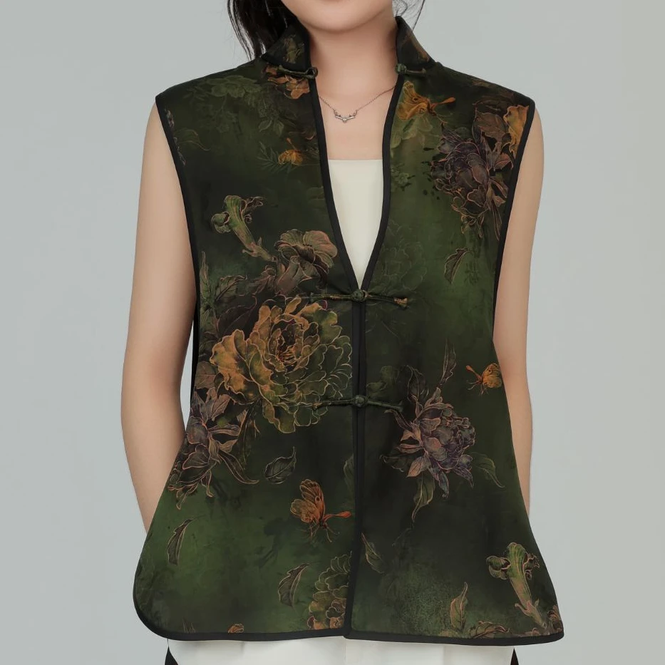 新中式香云纱国风印花桑蚕丝马甲百搭无袖提花