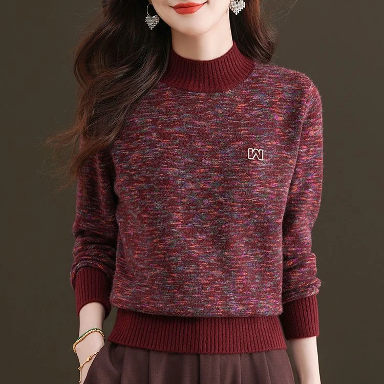 羊毛衫女秋冬季半高领花色保暖针织衫套头毛衣宽松加厚时尚打底衫