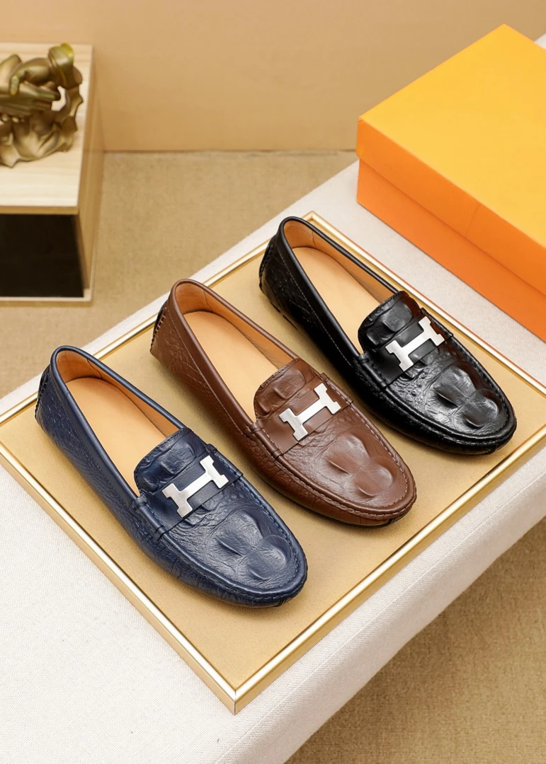 新款牛皮鳄鱼纹男士豆豆鞋潮流舒适时尚金属饰扣男鞋百搭夏季透气