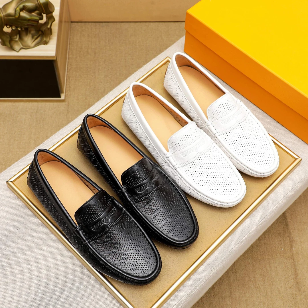 新款牛皮冲孔透气豆豆鞋真皮百搭软底金属扣橡胶底耐磨男鞋时尚