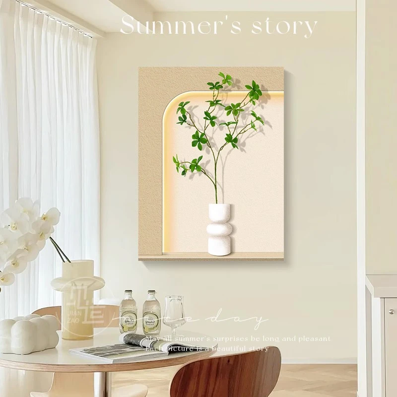 奶油风入户玄关装饰画壁灯绿植砂岩肌理客厅挂画感led画