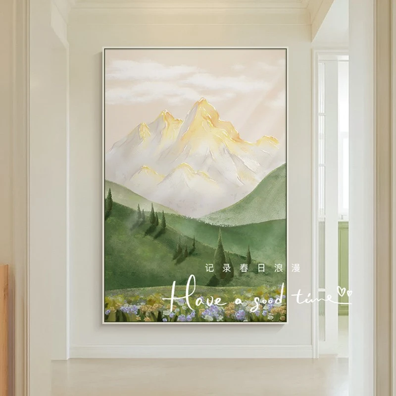 壁画日照金山奶油风入户玄关装饰画法式客厅落地风景画