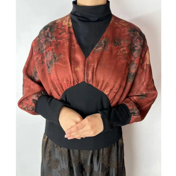 2024年秋季设计师新款上衣百搭复古时尚国风拼接宽松桑蚕丝新中式