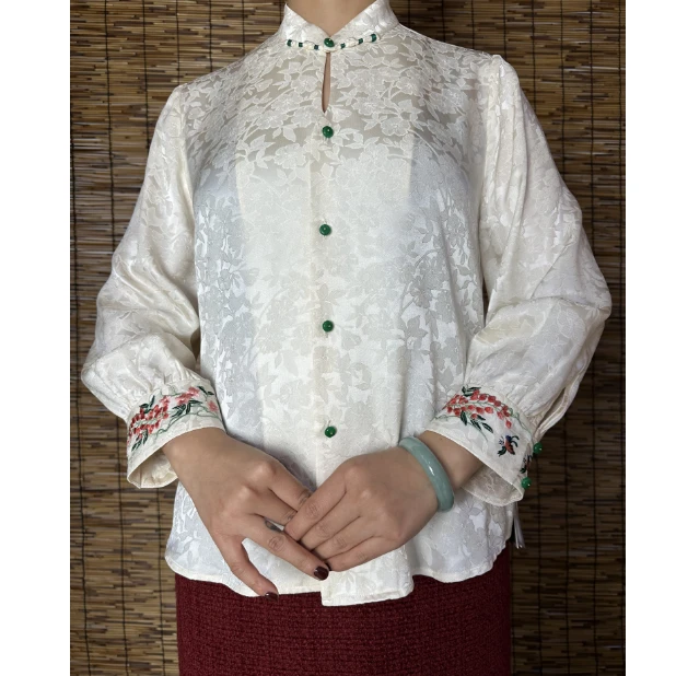 新中式提花中国风复古时尚长袖宽松重工刺绣斜襟立领桑蚕丝春夏款