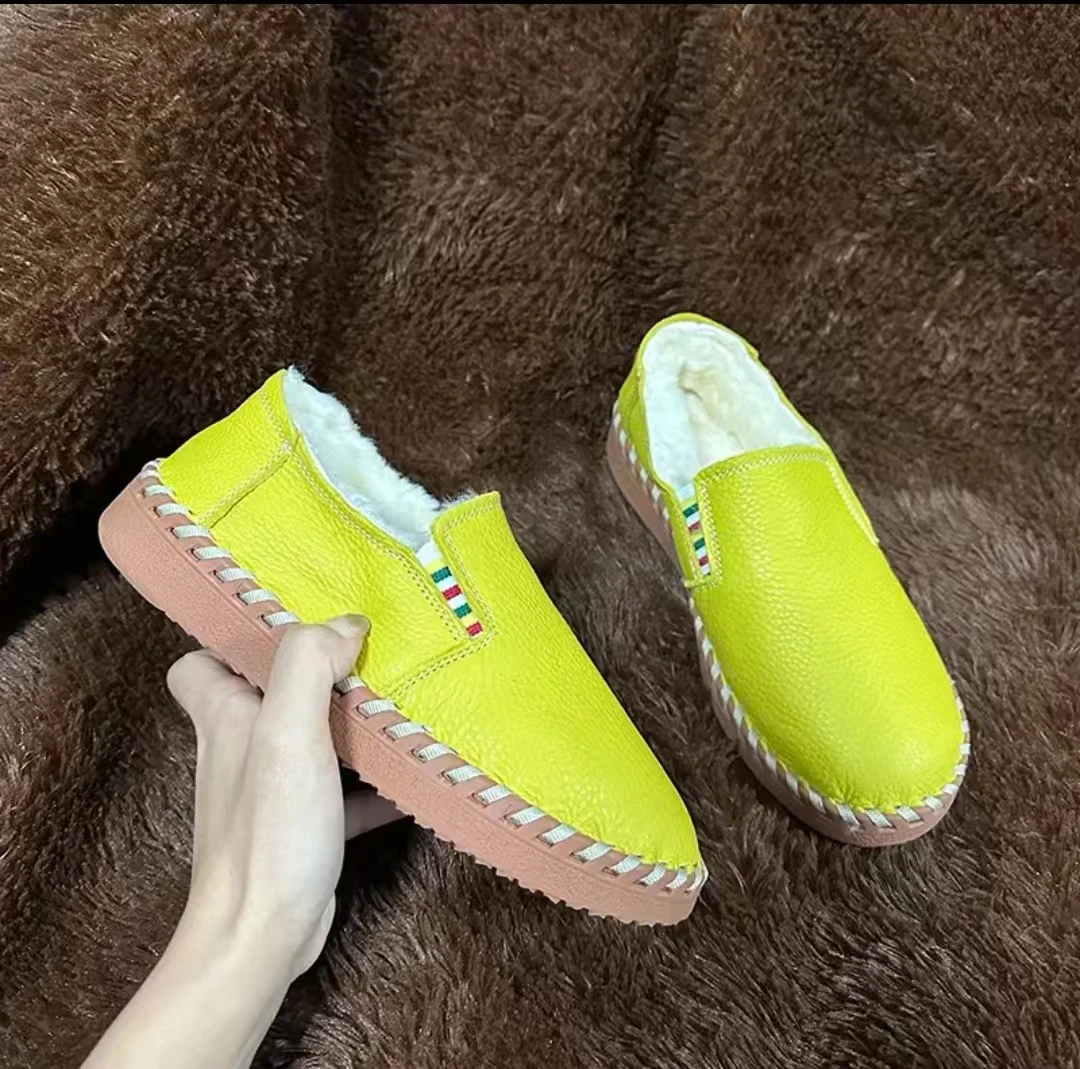女款羊毛冬季加绒保暖头层牛皮高端真皮百搭手工缝包鞋