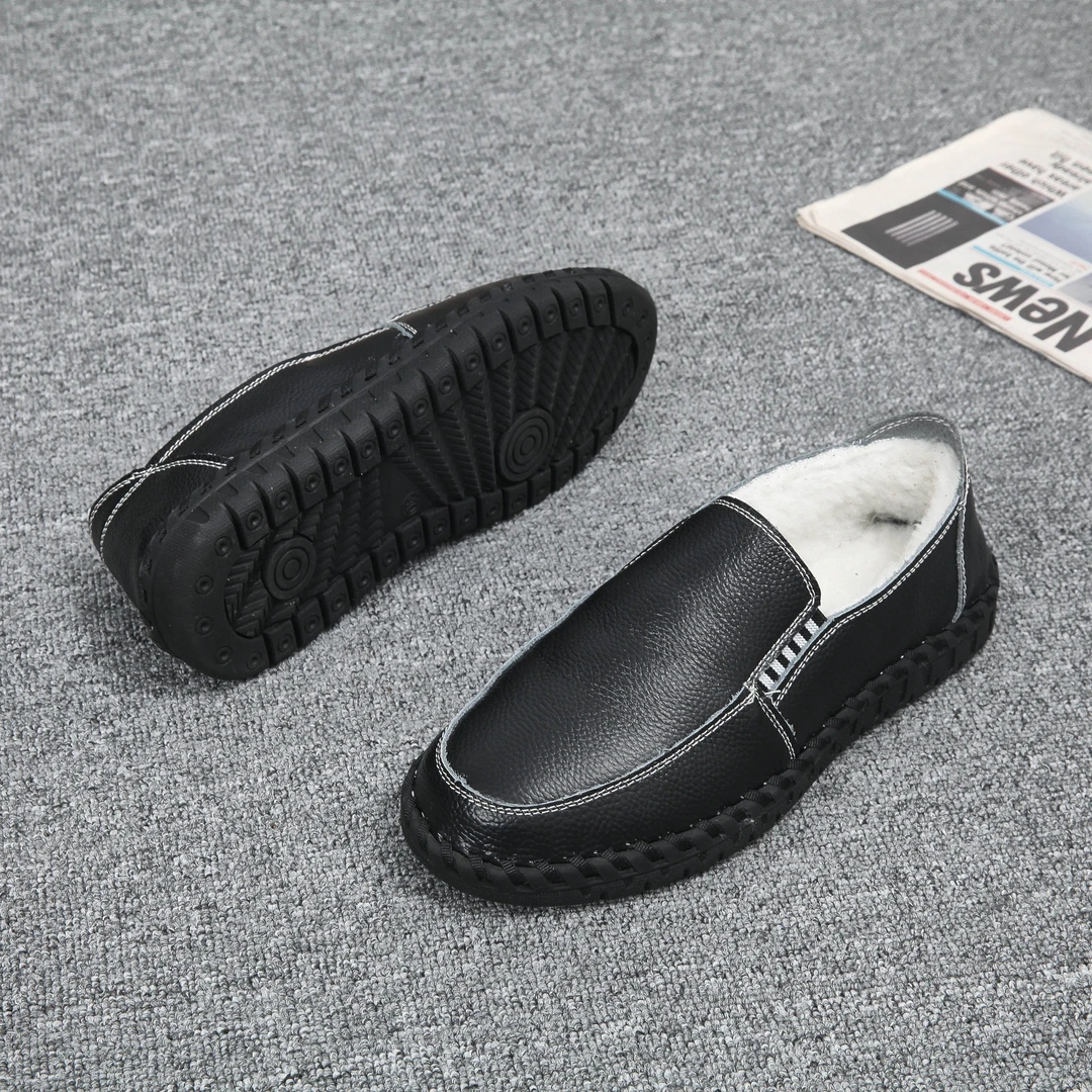 男士手工缝线加绒冬季保暖头层牛皮小皮鞋软底软面豆豆鞋乐福鞋