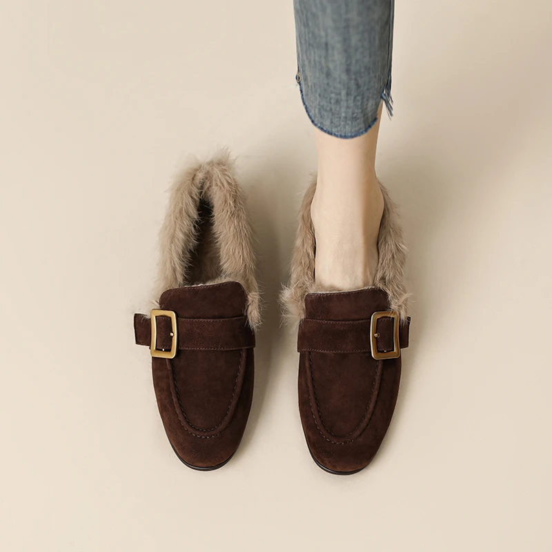 吊尔手工鞋｜2cm～ 皮带扣加绒乐福鞋女冬毛毛鞋平底单鞋