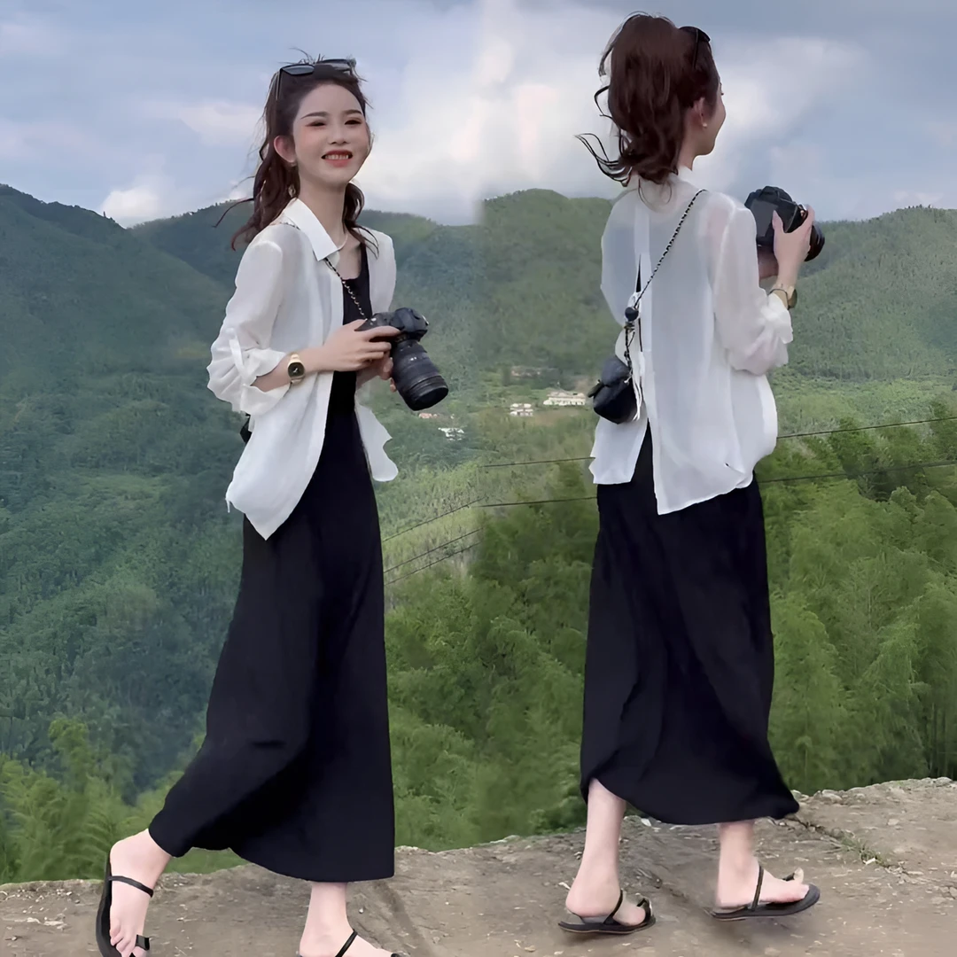 2024夏天后背开叉绑带别致显瘦气质防晒衬衫中长款吊带裙连衣必备