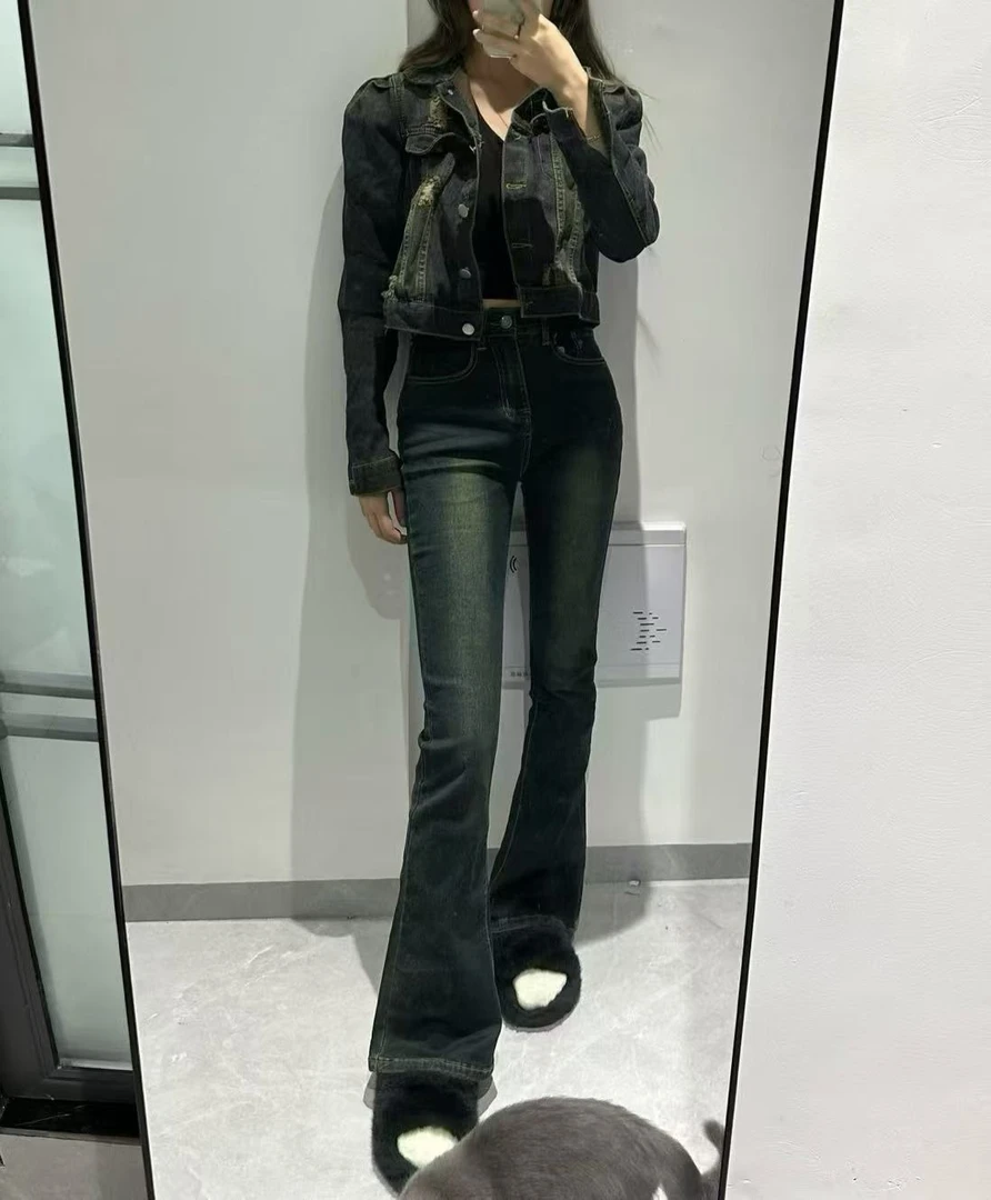 20女高腰后现代风牛仔裤加绒女士时尚长裤弹力百搭裤子