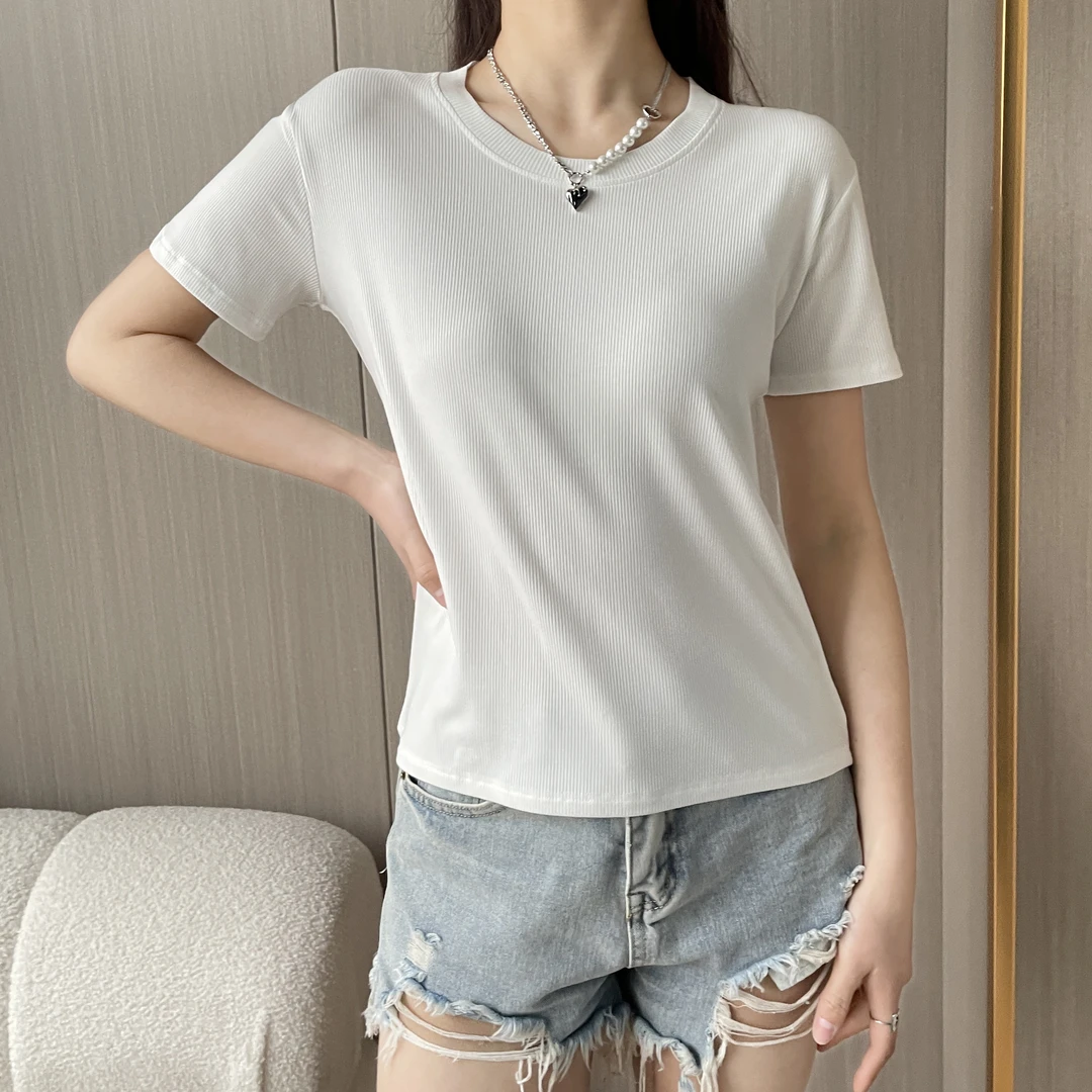 通勤基础百搭针织T恤2024春夏时尚显瘦纯色修身简约小众设计感