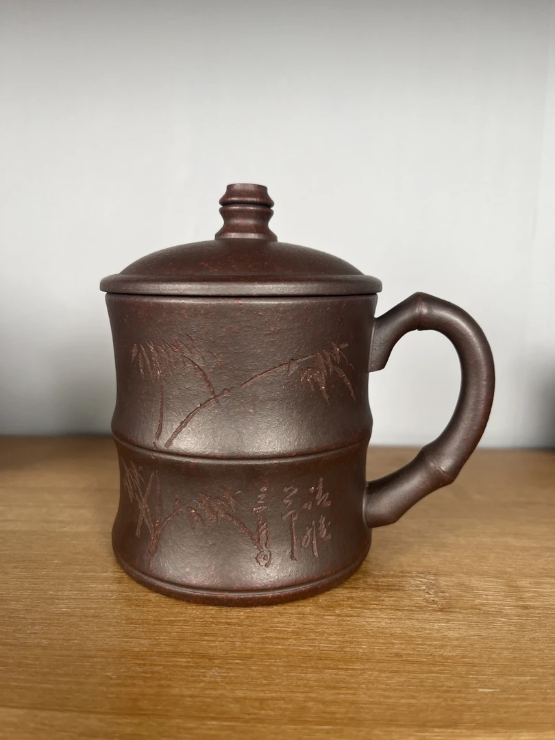 高档紫砂茶杯茶具高温柴烧石红带月牙隔竹节盖杯