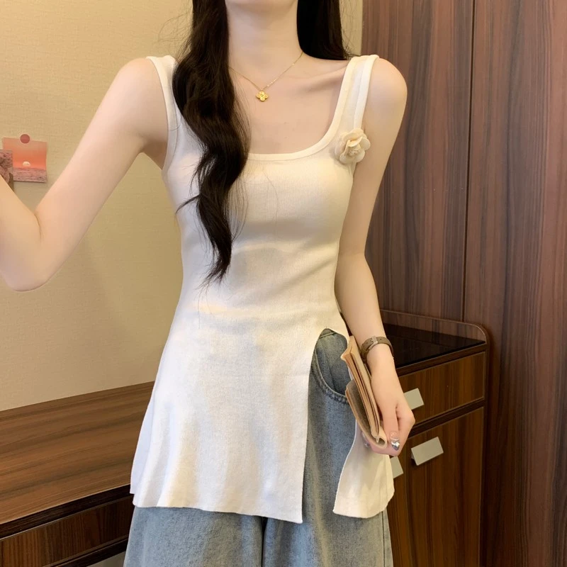 侧开叉法式别致吊带针织上衣女夏季新款无袖甜辣妹修身显瘦背心潮