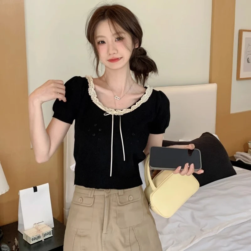 韩版圆领蕾丝短袖针织衫夏季新款洋气时尚甜美百搭别致蝴蝶结上衣