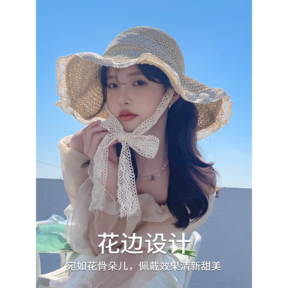草帽ins韩版系带镂空草编帽女夏沙滩边防晒太阳帽遮阳帽子海边