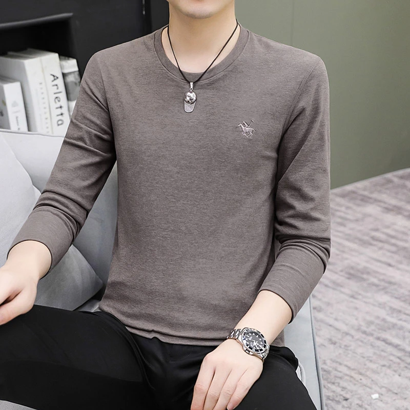 男士德绒保暖打底衫简约刺绣图案t恤打底男士长袖圆领冬季保暖衣