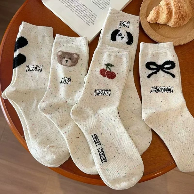 可爱卡通日系中筒袜子女秋冬小熊韩国女袜点子纱蝴蝶结袜子