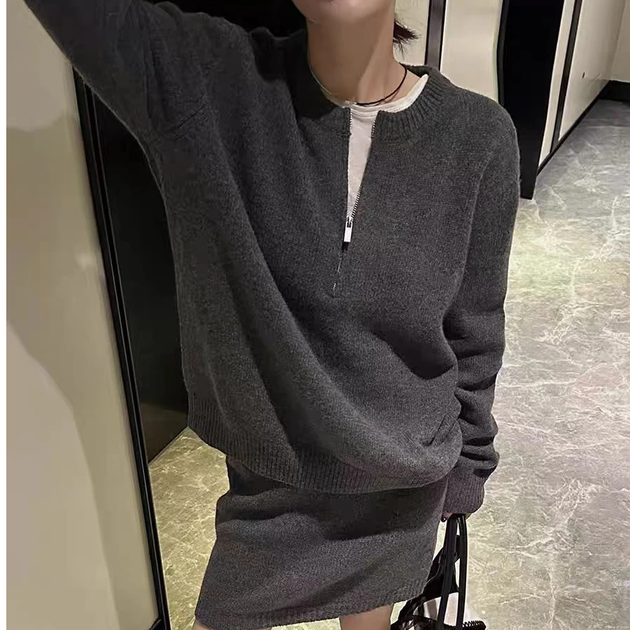 半拉链套头针织上衣配半身短裙两件套女秋冬新款宽松时尚毛衣套装
