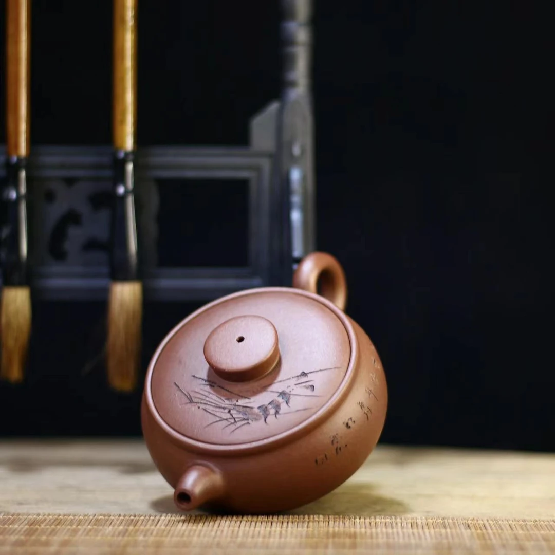 陶瓷朱泥家用宽口壶潮州手拉壶复古三杯功夫工夫小茶壶宜兴紫泥