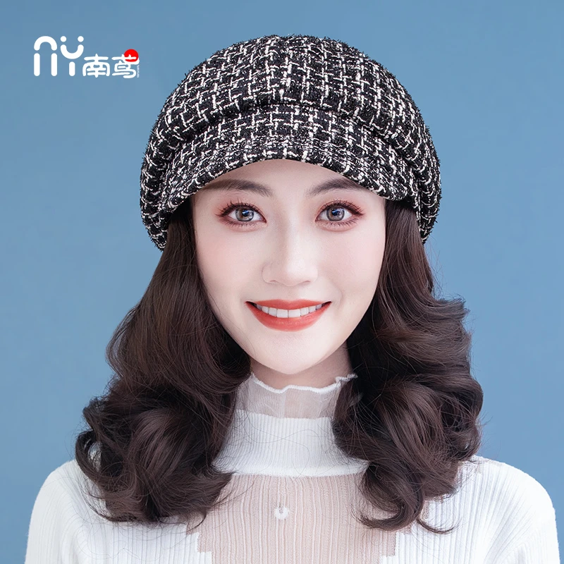 帽子一体假发帽子新款2025年网红时尚女秋冬季短卷发八角帽可拆卸