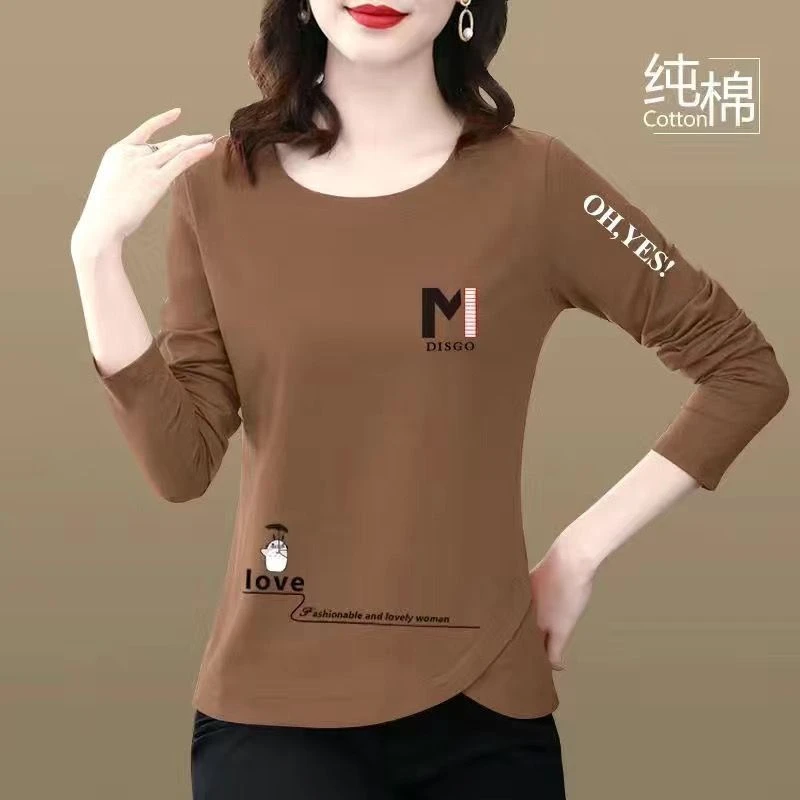 秋季棉长袖恤女中年妈妈装修身显瘦大码上衣打底小衫