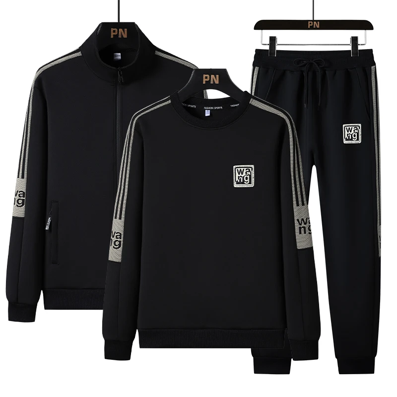 运动服套装男士秋冬季新款休闲加绒加厚长袖大码时尚圆领三件套