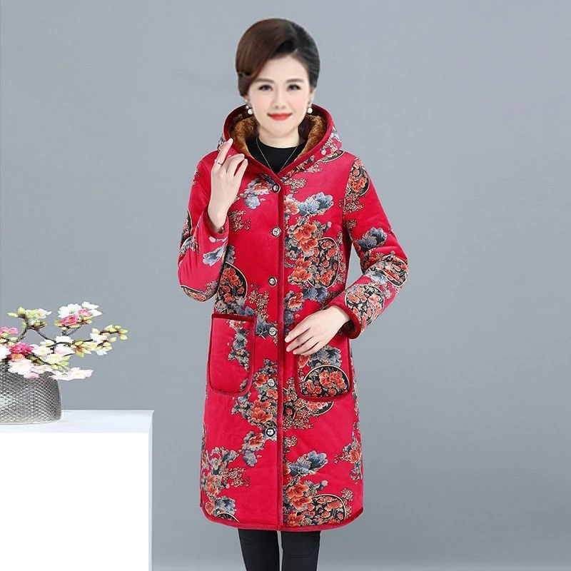 中老年女棉服长款加绒加厚棉衣连帽中年妈妈装冬季过膝棉袄水晶绒