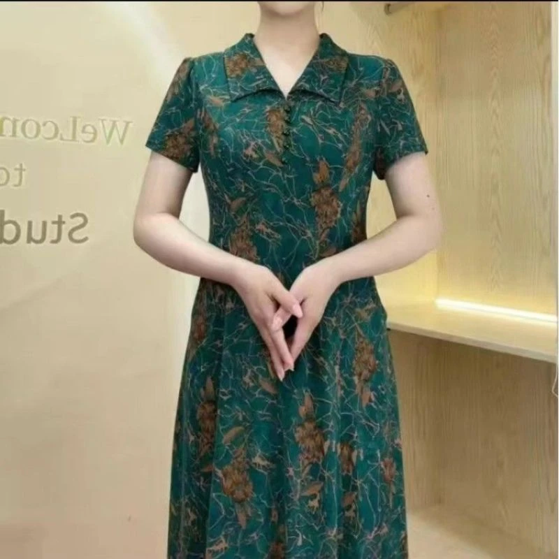 气质衬衣领妈妈装短袖连衣裙夏季长款过膝裙子收腰显瘦A裙2023女