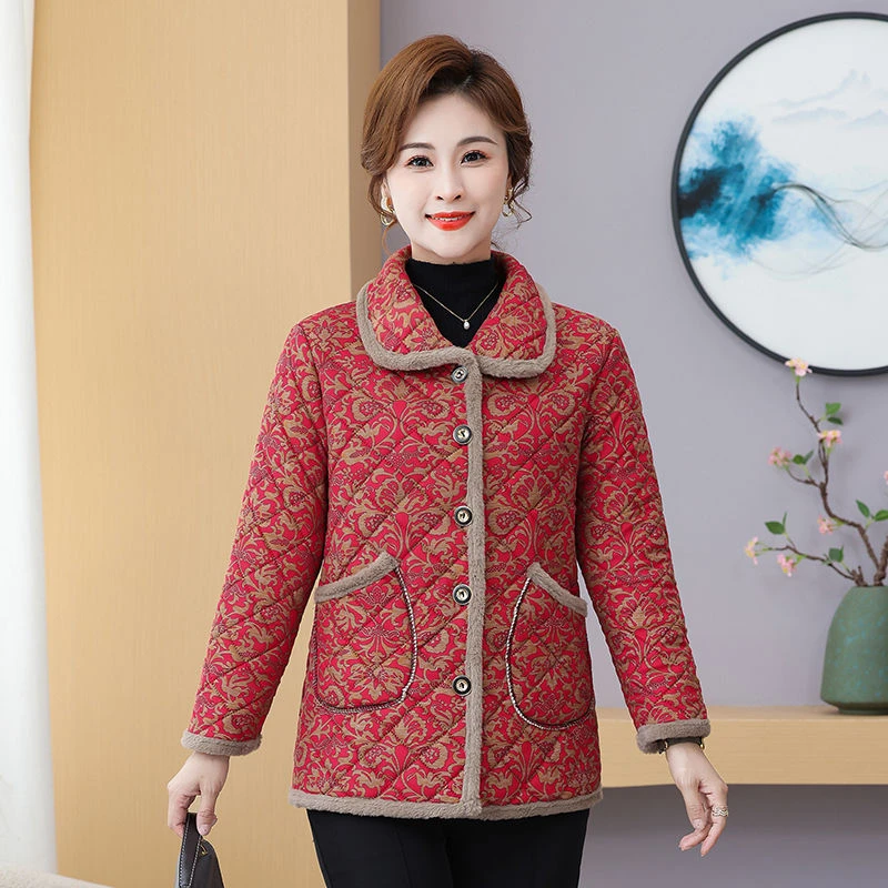 中老年妈妈外套新款棉袄冬季加绒碎花棉衣女装加厚保暖棉服废土风