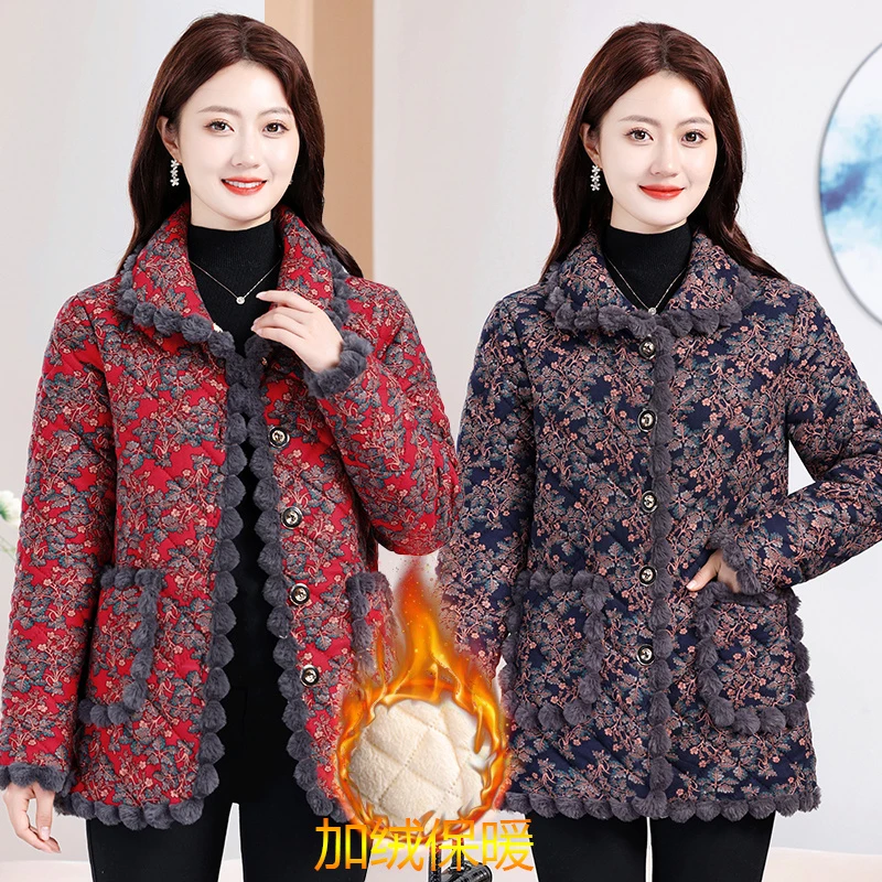冬季新款妈妈棉衣加绒保暖棉服中老年洋气碎花时尚短款棉袄外套