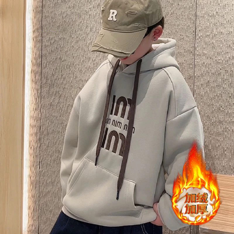 儿童男童加绒加厚连帽卫衣2024新款男孩冬季中大童洋气上衣