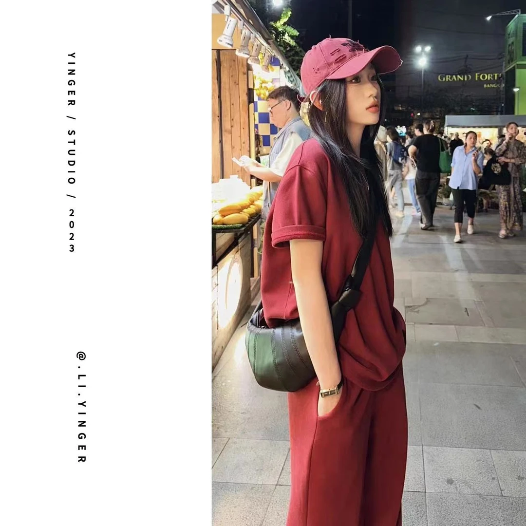 现货 【颖子定制】休闲时尚百搭圆领显瘦短袖T恤长裤 6100