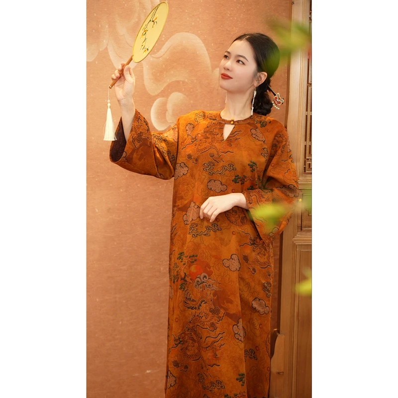 《祥瑞》红云纱 连衣裙 桑蚕丝 袍裙宽松连衣裙女装连衣裙