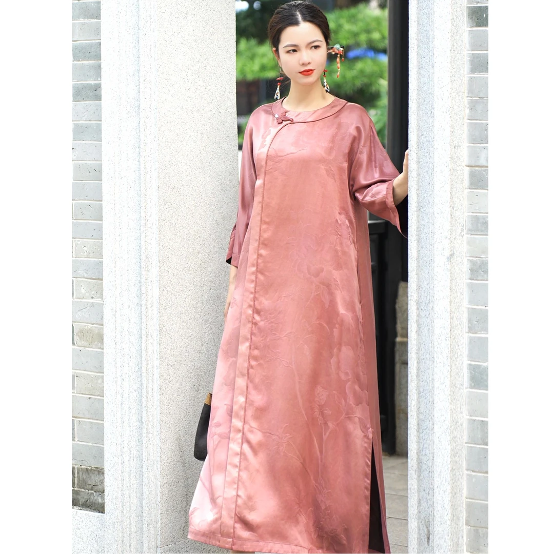 《芳芳》重锻 老料 香云纱 连衣裙 大牡丹 提花 45姆米 贵气 时尚