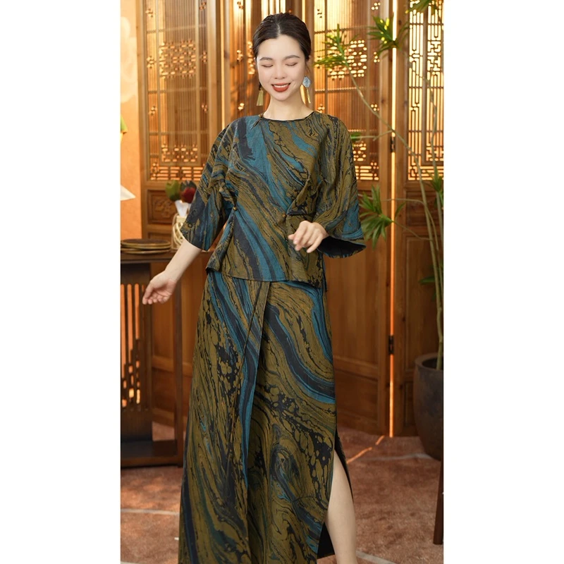 《格兰云天》香云纱 套装 上衣 半裙 时尚设计款气质新中式圆领