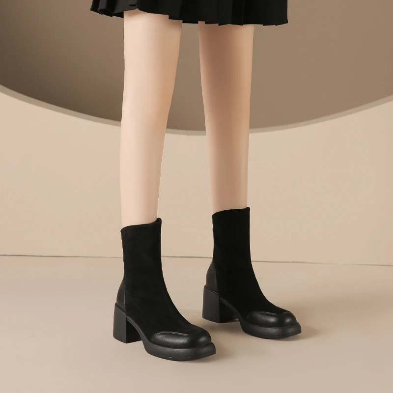 厚底拼接瘦瘦马丁靴2025新款秋冬季短筒后拉链英伦短靴女