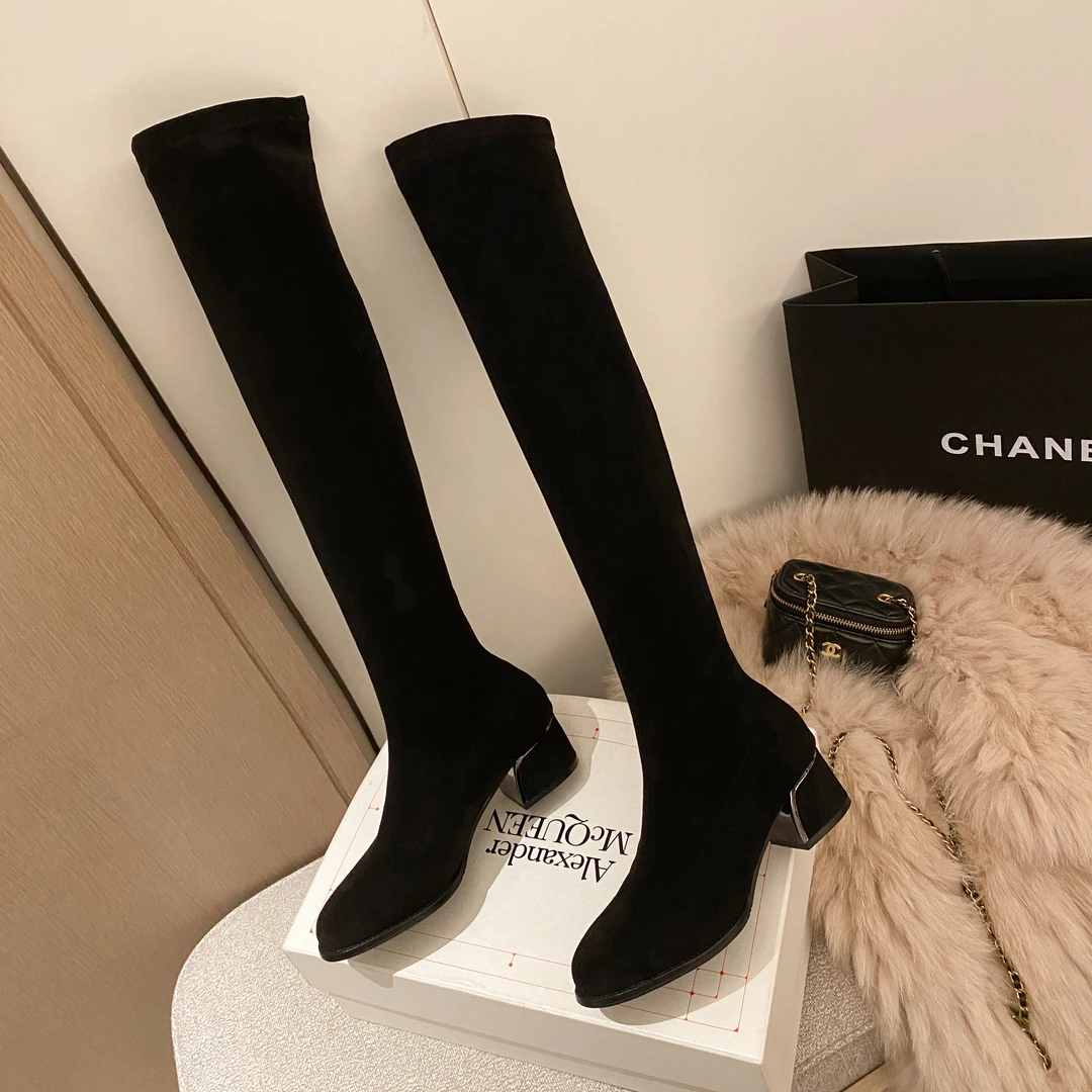 （圆头高跟）秋冬新款粗跟过膝弹力靴显瘦显高小个子时尚百搭瘦瘦靴